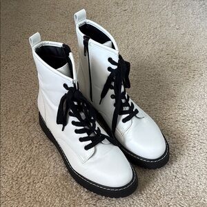 White and Black Combat Moto Boots with Chunky Sole